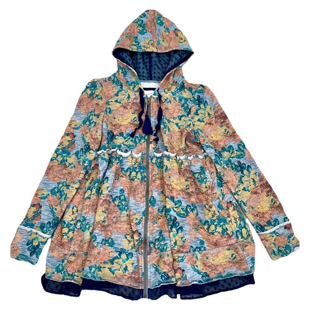 evy's tree Floral Patchwork Hooded Zip Sweatshirt in Teal, Yellow, Brown